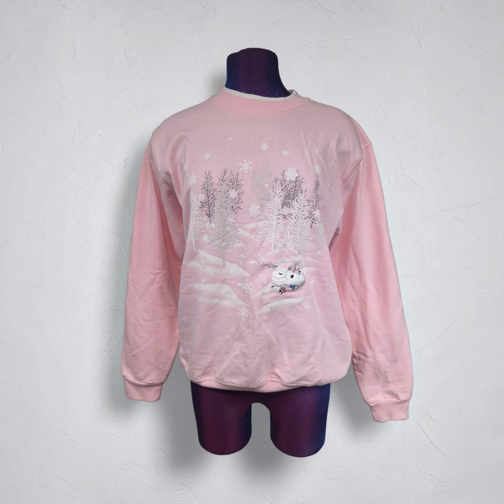 Top Stitch Morning Sun Pink Winter Bunny Embroidered Sweatshirt Medium Vintage